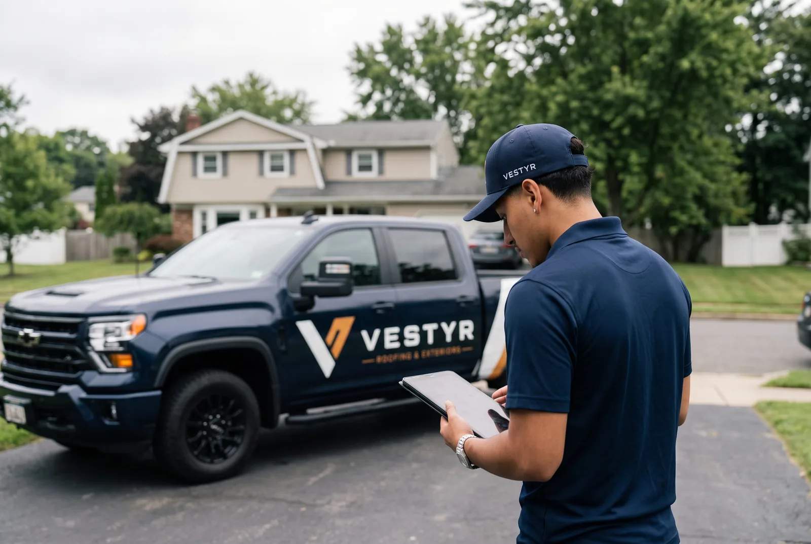 Vestyr owner viewed from behind using a tablet beside a branded vehicle