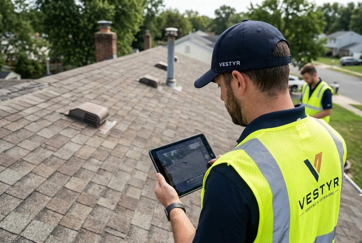 Vestyr inspector reviewing roof photographs on a tablet during an inspection